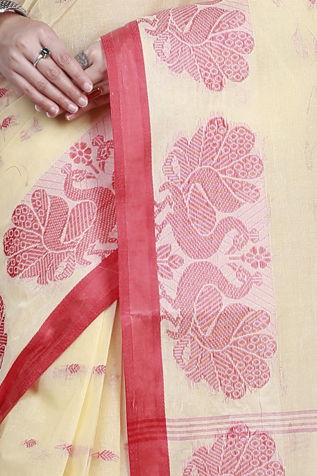 Cream Pure Cotton MOYUR PAR Tant Saree (901)